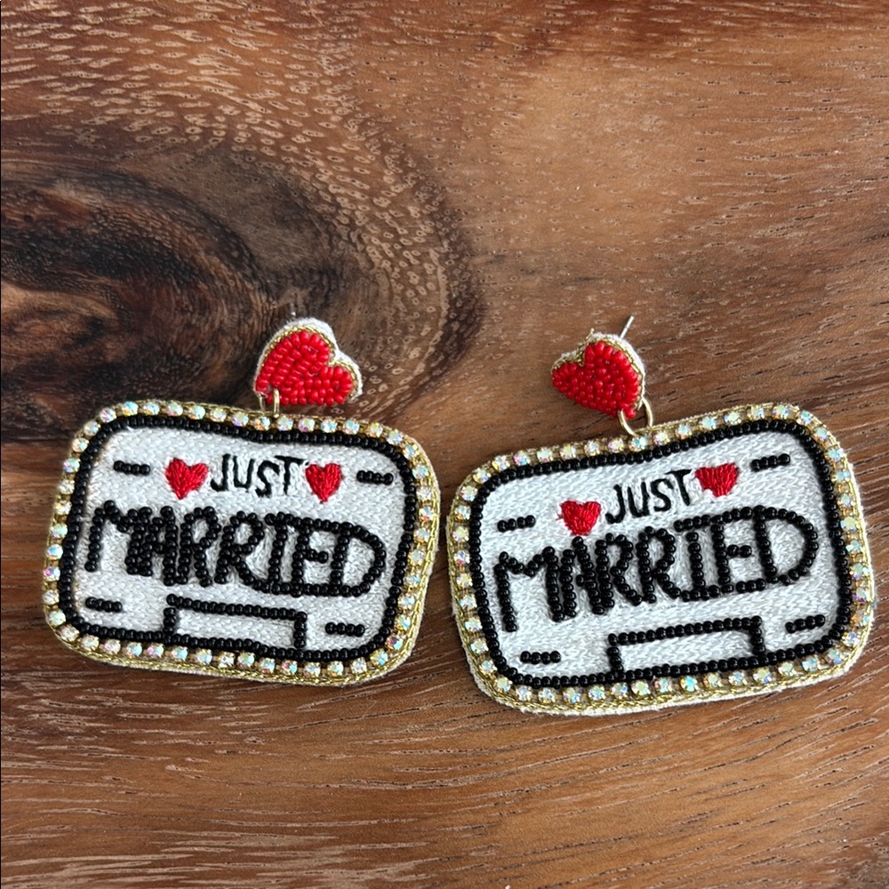 Just Married Earrings with Red and Gold Accents